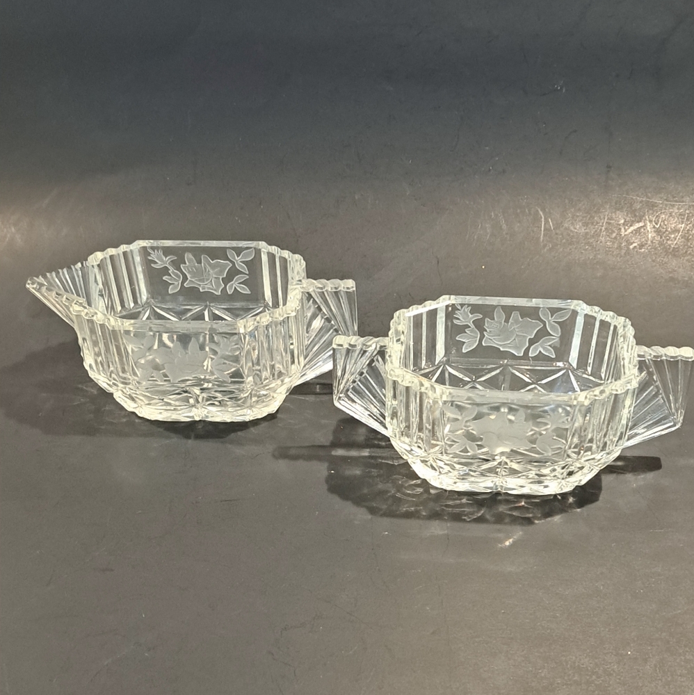 Vintage Art Deco Glass Sugar & Creamer Set, Etched Roses, Circa 1950’s. 2 pieces